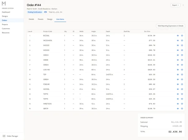 An order at pending confirmation, listing cabinet line items with product codes, quantities and sizes beside extended prices, above an order summary with subtotal, shipping and total