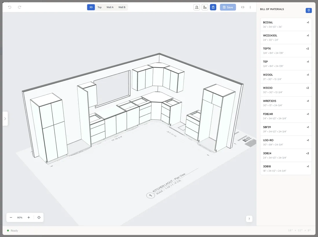 A kitchen designed in 3D with cabinets placed against the walls over a traced floor plan, beside a bill of materials listing each cabinet code and its size