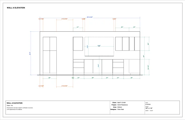 A dimensioned elevation drawing of one kitchen wall, showing each cabinet to scale with measurements