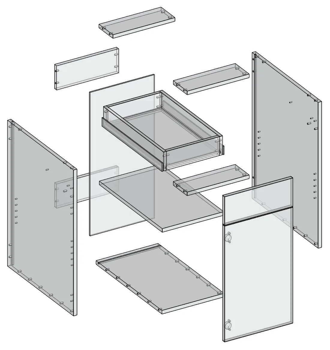 An exploded view of a cabinet with its panels, shelf, door and drawer box drawn apart, showing the dowels, hinges and drawer slides that join them