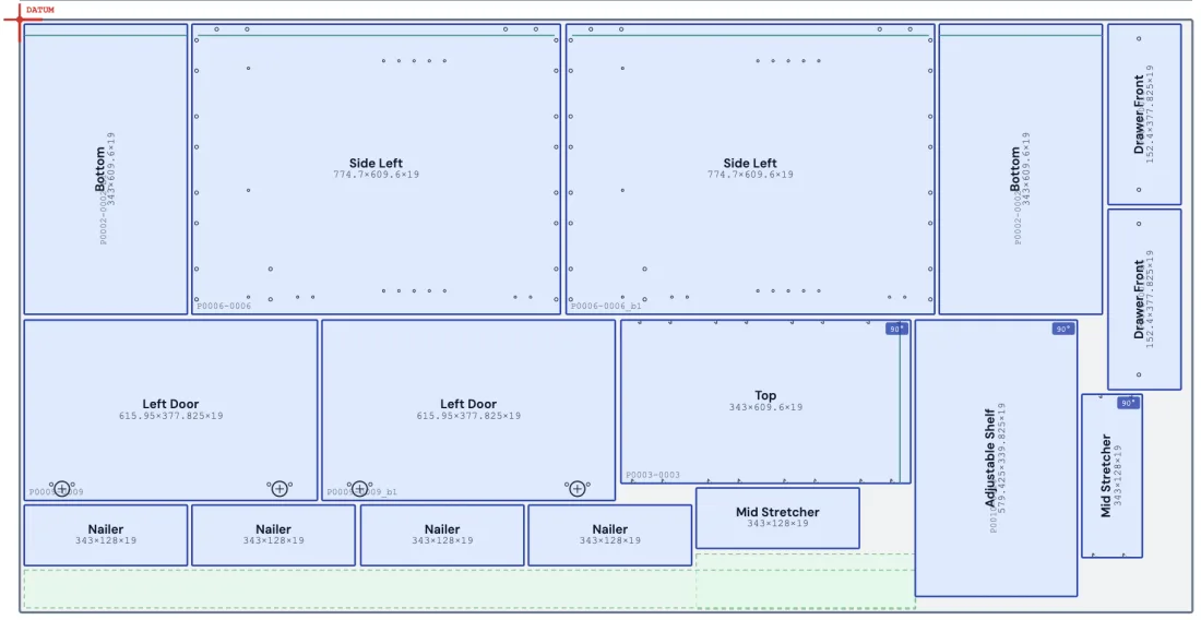 A sheet nested with cabinet parts laid out for cutting, each labelled with its name, size and part code, with drill positions marked