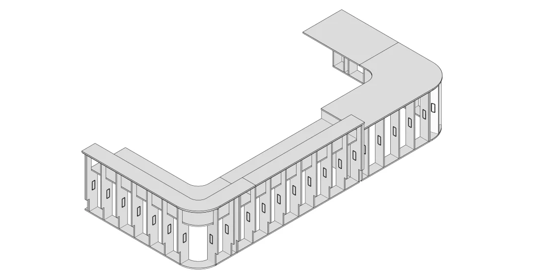 A one-off curved reception desk modelled as individual panels, with internal dividers, slotted joints, and a counter wrapping round to a raised ledge
